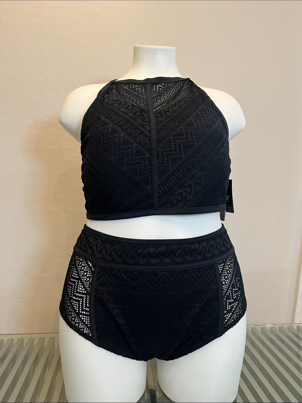 Paramour Black High-Neck Lace Crop Bralette & High-Waist Brief Set
